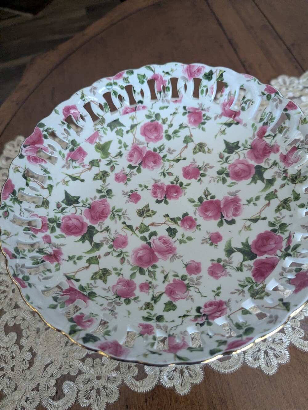 Porcelain Pedestal Compote with Pink Rose Pattern - Picture 2 of 4